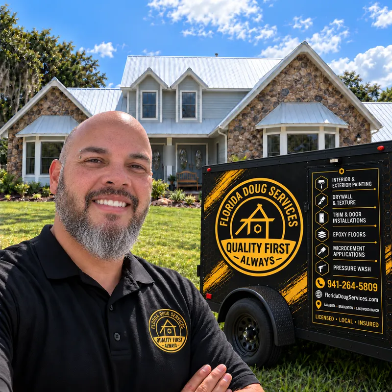 Doug Marquis, owner of Florida Doug Services, in front of a client's home with the company trailer