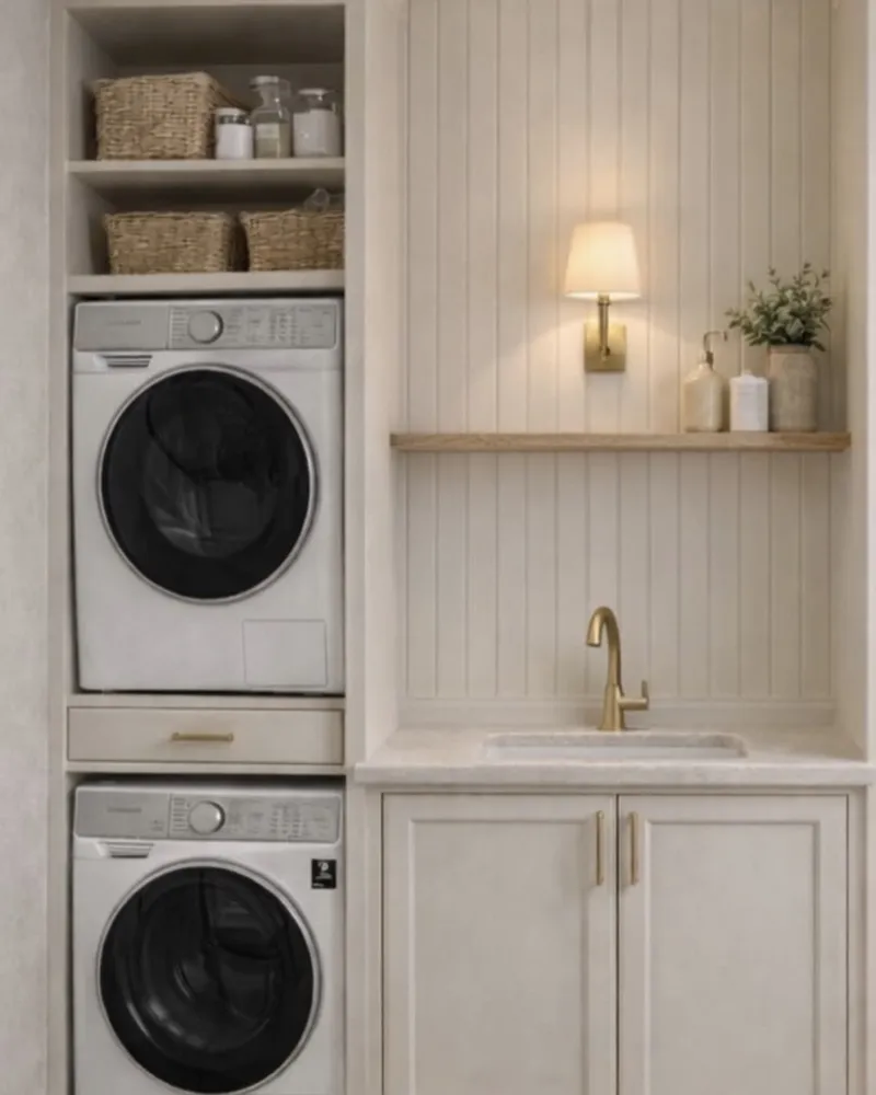 The client&rsquo;s inspiration photo: a built-in laundry nook with stacked washer and dryer, open shelves, beadboard wall, sconce and sink cabinet