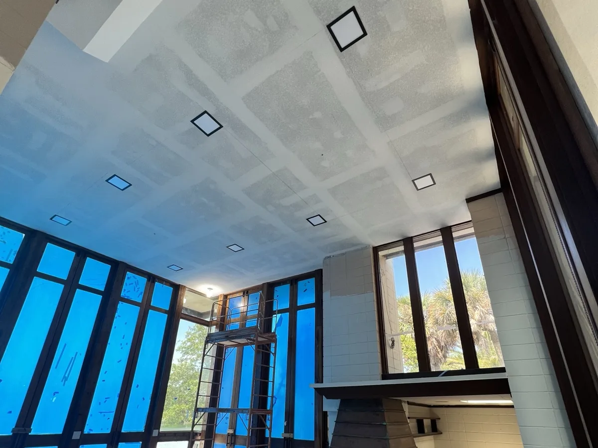 New drywall ceiling hung and finished on a tall waterfront living room ceiling in St. Petersburg